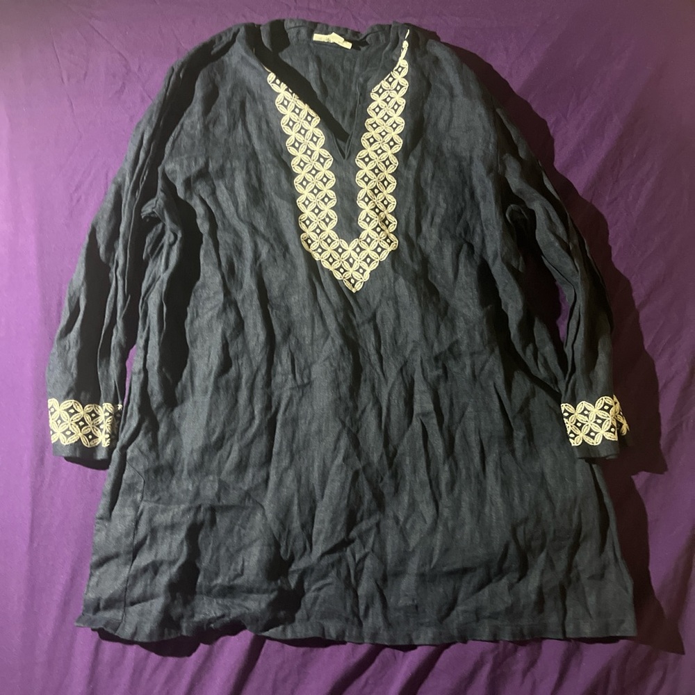 Charter Club Black Tunic with Cream Embroidered V-Neck